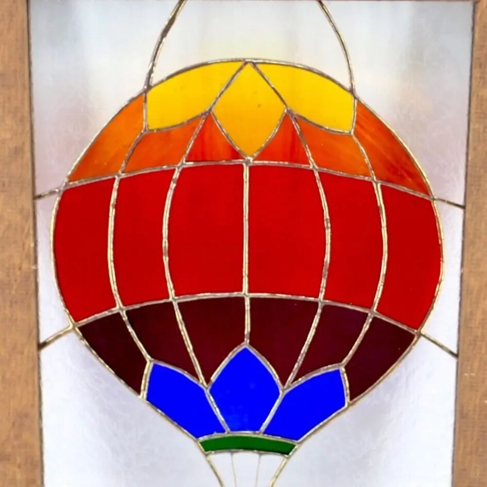 Rainbow Hot Air Balloon Stained Glass Wood Framed Window Panel 13
